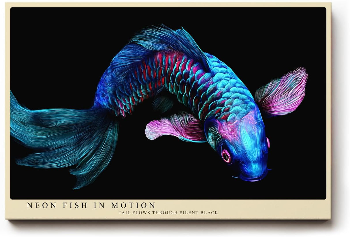 Paul Sinus Wandbild 120x80cm leuchtender Koi Fisch Neon Illustration buntes Unterwasser Kunstposter moderne Tierkunst in blau pink auf schwarzem Hintergrund fuer Wohnzimmer Büro Schlafzimmer