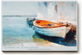 Paul Sinus Wandbild 120x80cm mediterranes Boot am Hafen impressionistische Kueste blau orange maritimes Kunstbild moderne Wanddekoration fuer Wohnzimmer Büro