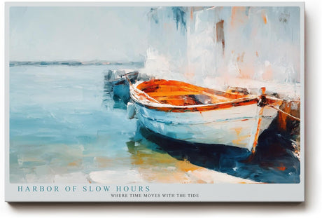 Paul Sinus Wandbild 120x80cm mediterranes Boot am Hafen impressionistische Kueste blau orange maritimes Kunstbild moderne Wanddekoration fuer Wohnzimmer Büro