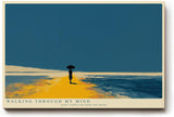 Paul Sinus Wandbild minimalistische Landschaft mit Person und Regenschirm moderne Illustration in blau orange ruhiges Kunstposter stilvolle Wanddekoration fuer Wohnzimmer Schlafzimmer Büro Flur