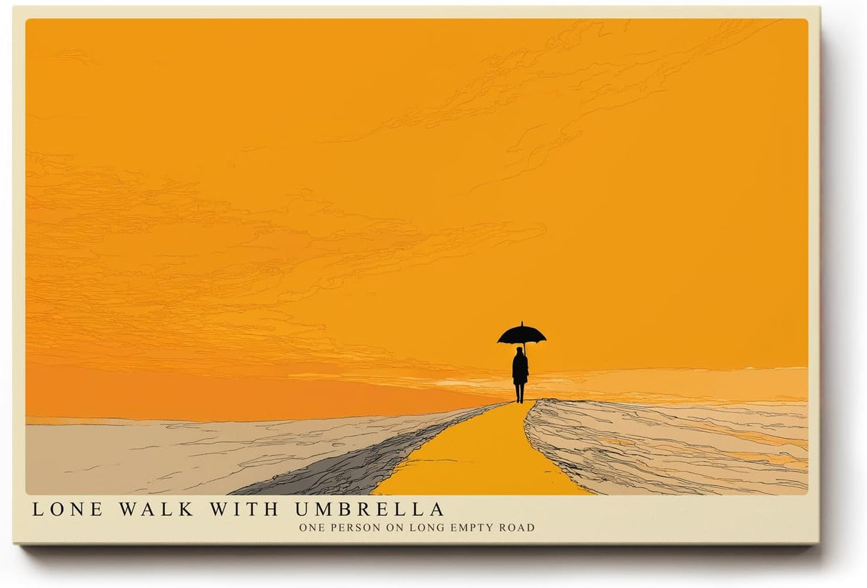 Paul Sinus Wandbild 120x80cm minimalistische Landschaft mit Person und Regenschirm moderne Illustration in warmem orange ruhiges Kunstposter fuer Wohnzimmer Schlafzimmer Büro Flur