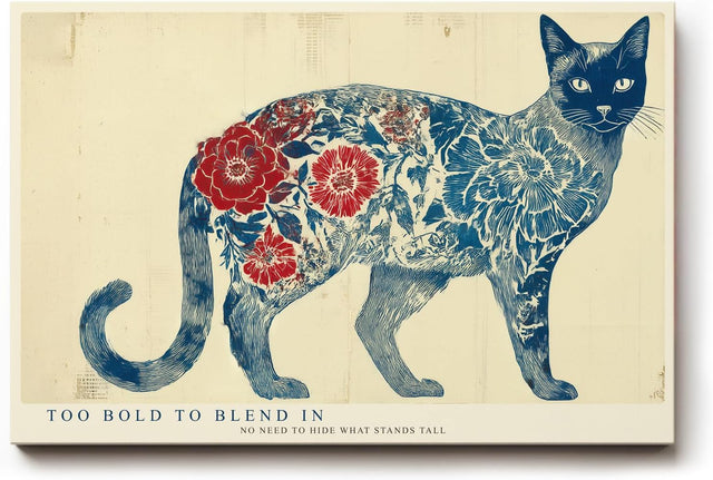 Paul Sinus Wandbild 120x80cm moderne Katzenkunst floral Muster blau rot abstrakte Tierillustration grosses Kunstbild kreative Wanddekoration fuer Wohnzimmer Büro