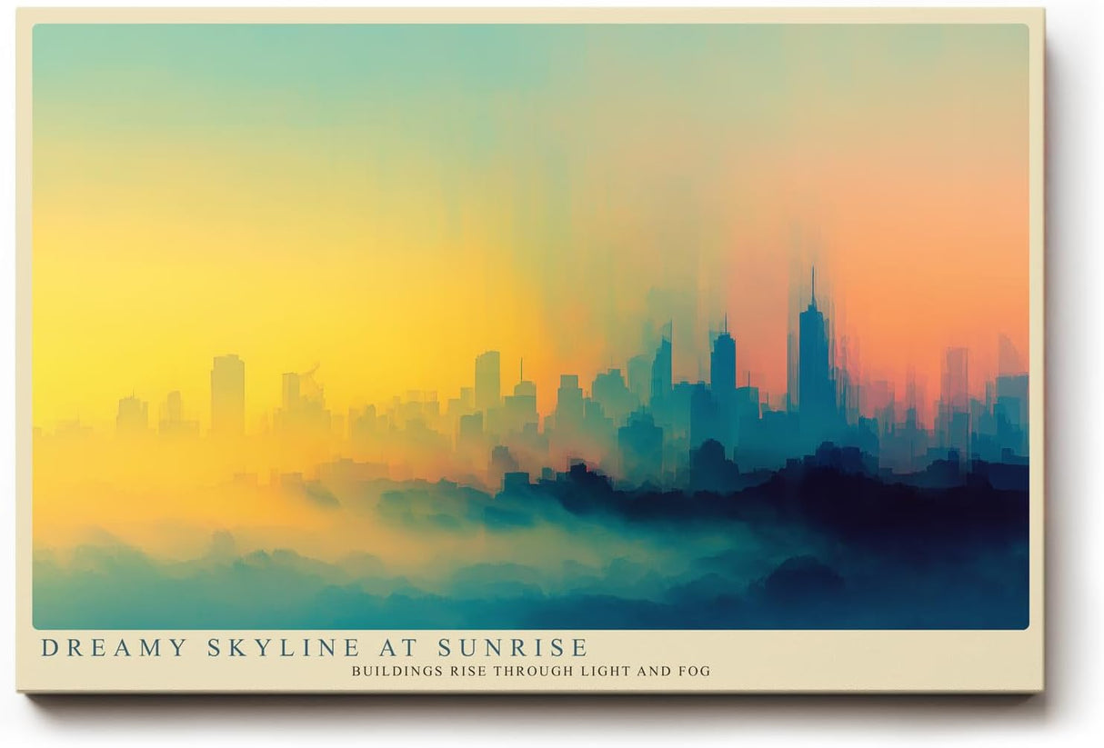 Paul Sinus Wandbild 120x80cm moderne Skyline abstrakte Stadtlandschaft Sonnenaufgang farbverlauf Stadt Kunstbild urbanes Panorama stilvolle