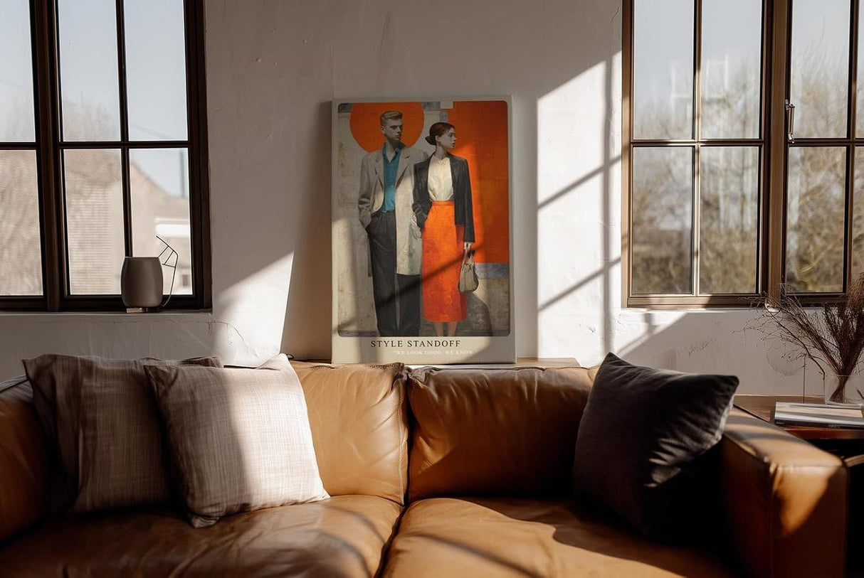 Paul Sinus Wandbild in 40x60cm modernes Modepaar vor farbintensivem Hintergrund – stilvolle, zeitgenössische Darstellung
