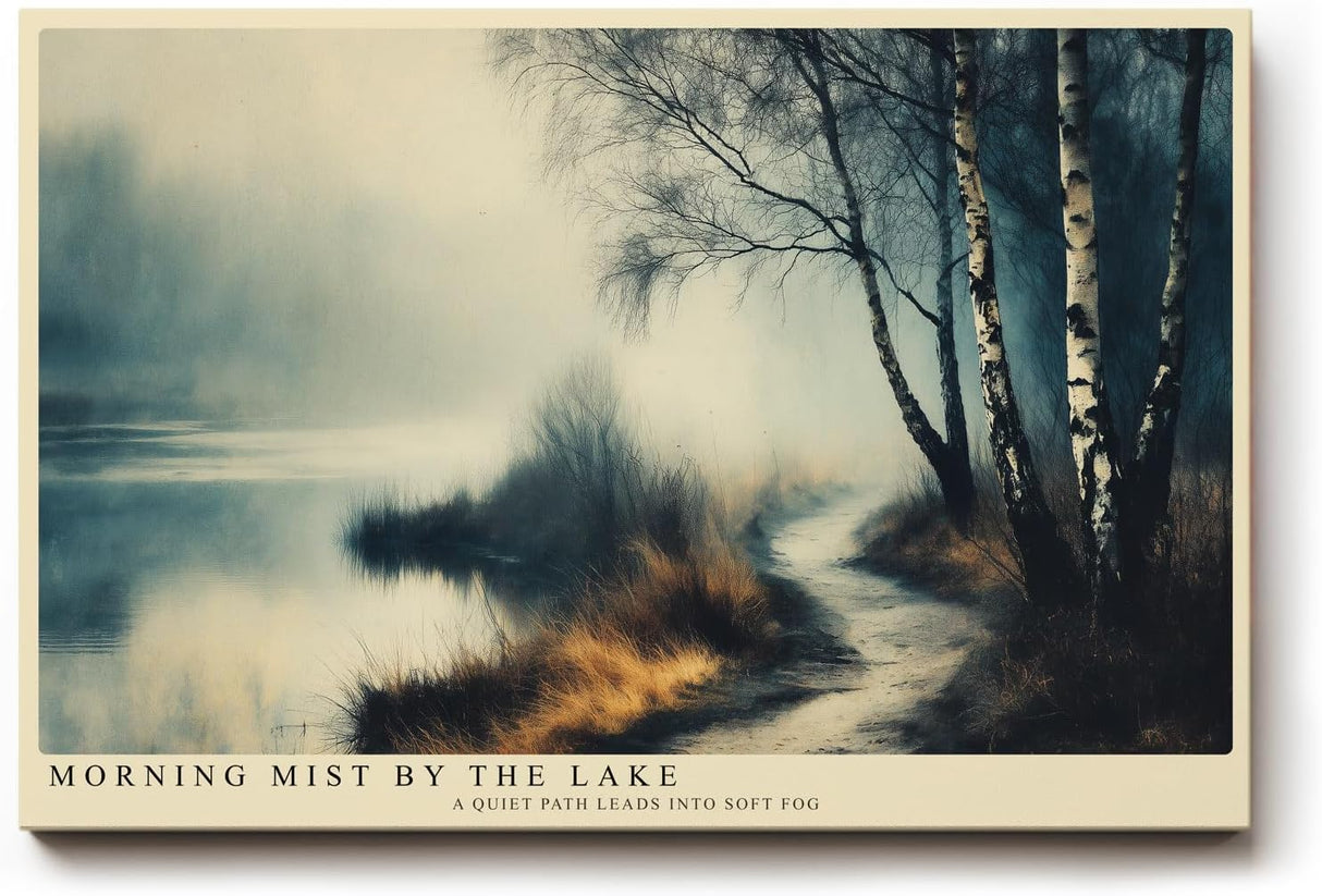 Paul Sinus Wandbild 120x80cm nebeliger See Landschaft Birken ruhige Natur Fotokunst modern Kunstdruck grosses Wandbild 120x80cm entspannende Wanddekoration fuer Wohnzimmer Büro