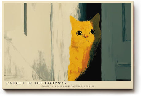 Paul Sinus Wandbild 120x80cm neugierige Katze im Tuerspalt moderne Tierillustration warme Farben stilvolle Wanddekoration fuer Wohnzimmer Kinderzimmer Büro