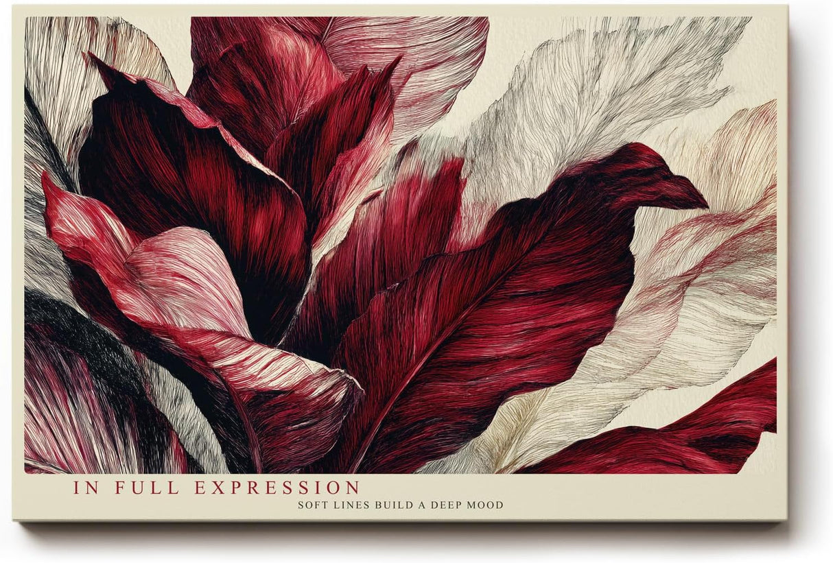Paul Sinus Wandbild 120x80cm rote Blaetter abstrakte botanische Kunst moderne Pflanzenillustration Leinwand Wanddekoration stilvolle Naturkunst fuer Wohnzimmer