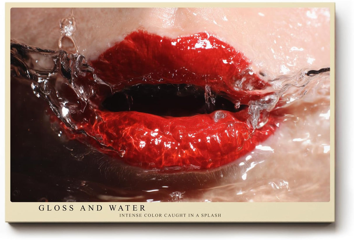 Paul Sinus Wandbild 120x80cm rote Lippen Splash Fotokunst moderner Beauty Style mit Wasser Bewegung glamouröses Kunstbild für Wohnzimmer Studio