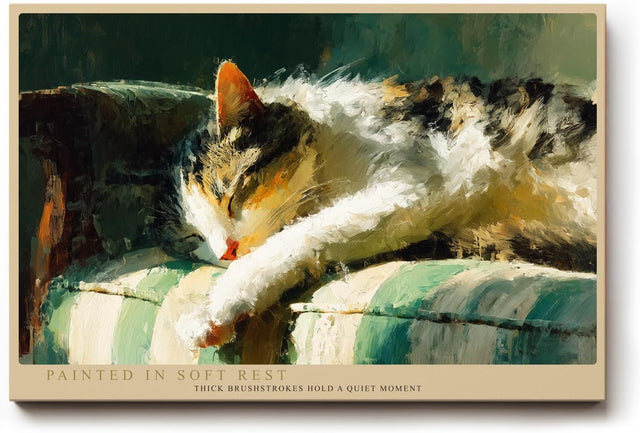 Paul Sinus Wandbild 120x80cm schlafende Katze impressionistische Tiermalerei warmes Licht weiche Pinselstruktur gemuetliche Kunst Wanddekoration fuer Wohnzimmer Büro