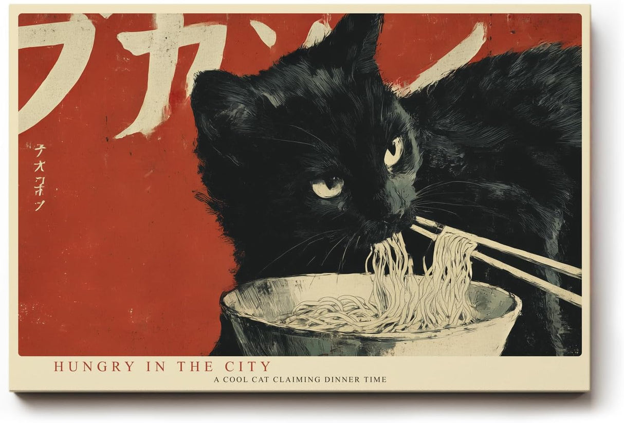Paul Sinus Wandbild 120x80cm schwarze Katze mit Nudeln japanisches Pop Art Tiermotiv rot schwarz moderne Illustration Wanddekoration fuer Kueche Esszimmer Wohnzimmer