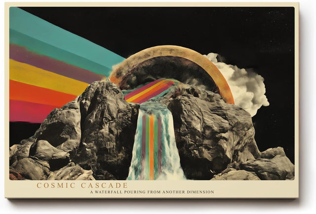 Paul Sinus Wandbild 120x80cm surrealer Wasserfall Berge Regenbogen kosmische Landschaft moderne Kunst Wanddekoration fuer Wohnzimmer Büro