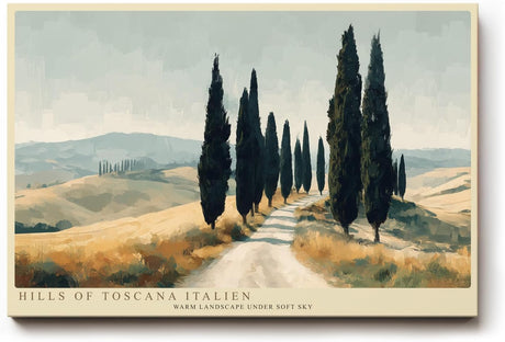Paul Sinus Wandbild 120x80cm toskanische Landschaft Zypressen Allee mediterrane Hügel warme Naturfarben ruhige Landschaft Kunstbild stilvolle