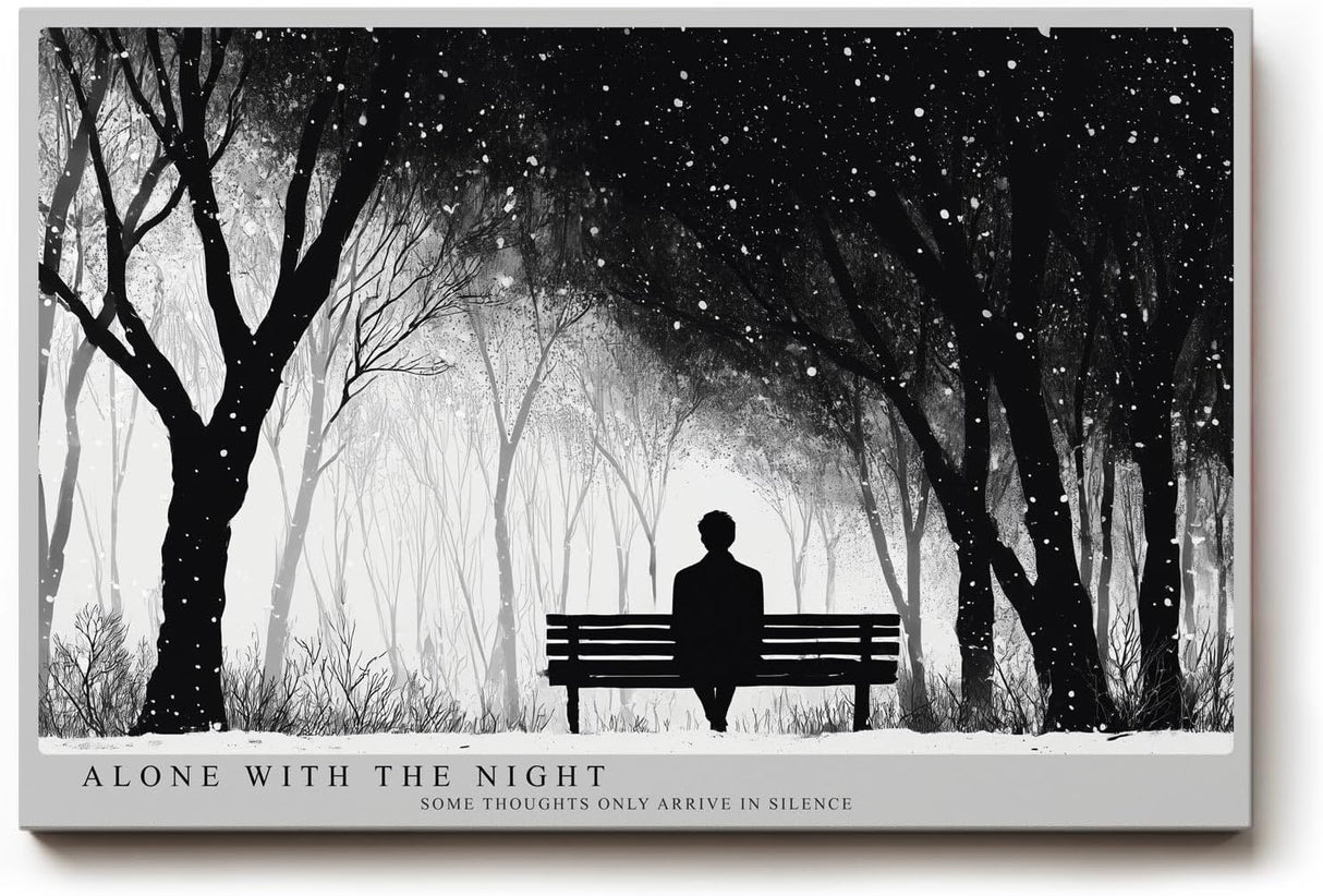 Paul Sinus Wandbild 120x80cm winterlicher Park bei Nacht Silhouette auf Bank monochrome Landschaftskunst ruhige Wanddekoration fuer Wohnzimmer Büro