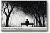 Paul Sinus Wandbild 120x80cm winterlicher Park bei Nacht Silhouette auf Bank monochrome Landschaftskunst ruhige Wanddekoration fuer Wohnzimmer Büro