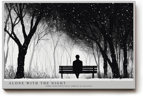 Paul Sinus Wandbild 120x80cm winterlicher Park bei Nacht Silhouette auf Bank monochrome Landschaftskunst ruhige Wanddekoration fuer Wohnzimmer Büro
