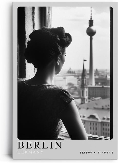 Paul Sinus Leinwandbild 80x120cm Berlin Germany Leinwandbild elegante Frau am Fenster mit Blick auf den Fernsehturm nostalgische Schwarz-Weiß-Stadtansicht