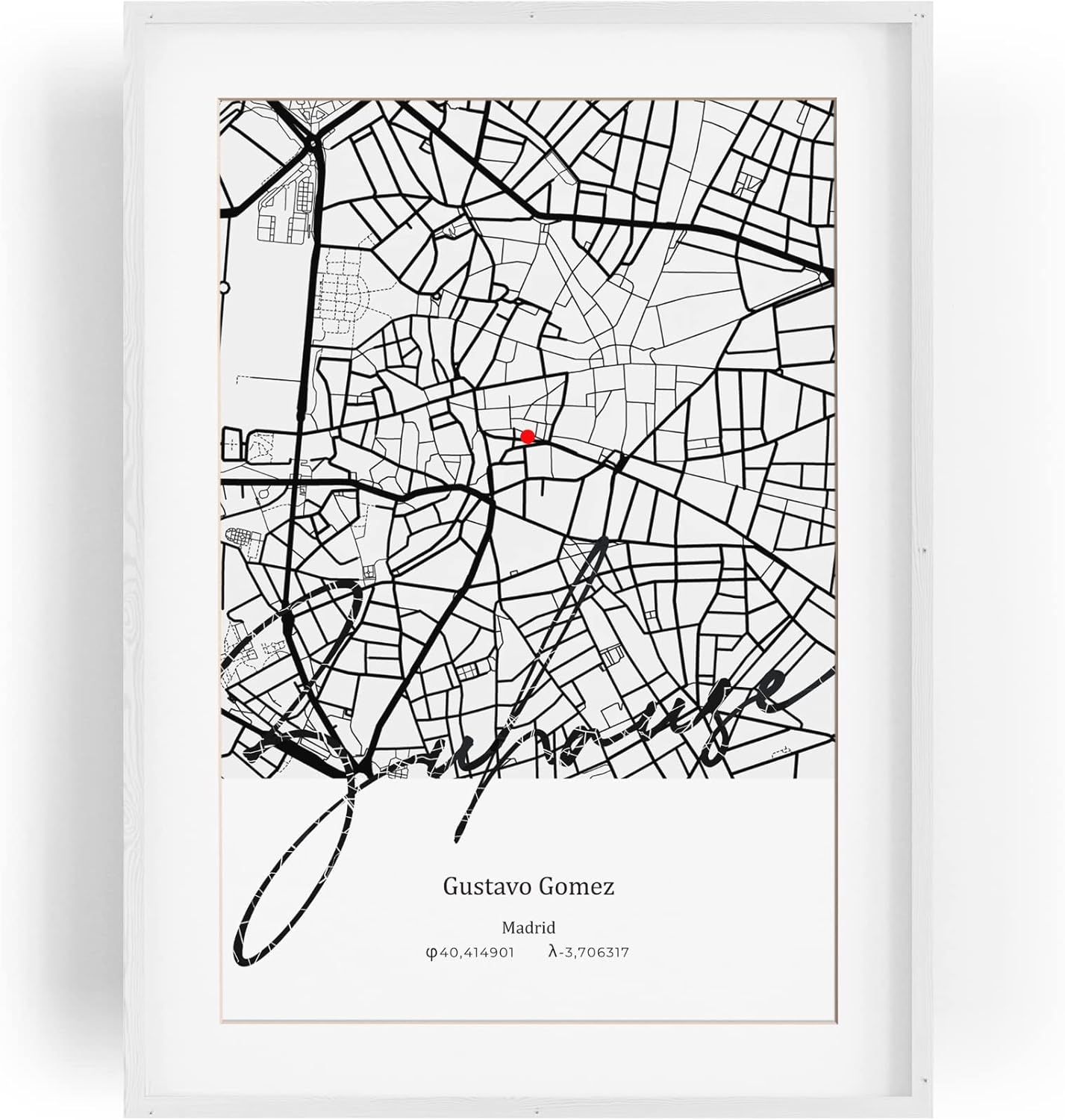 Paul Sinus Bilderrahmen personalisiert mit deinen GPS Koordinaten und Namen. 30cm x 42cm Holz Wechselrahmen mit Glas und Passepartout. Geschenkidee. Individuelle Stadtkarte. (ohne Rahmen)