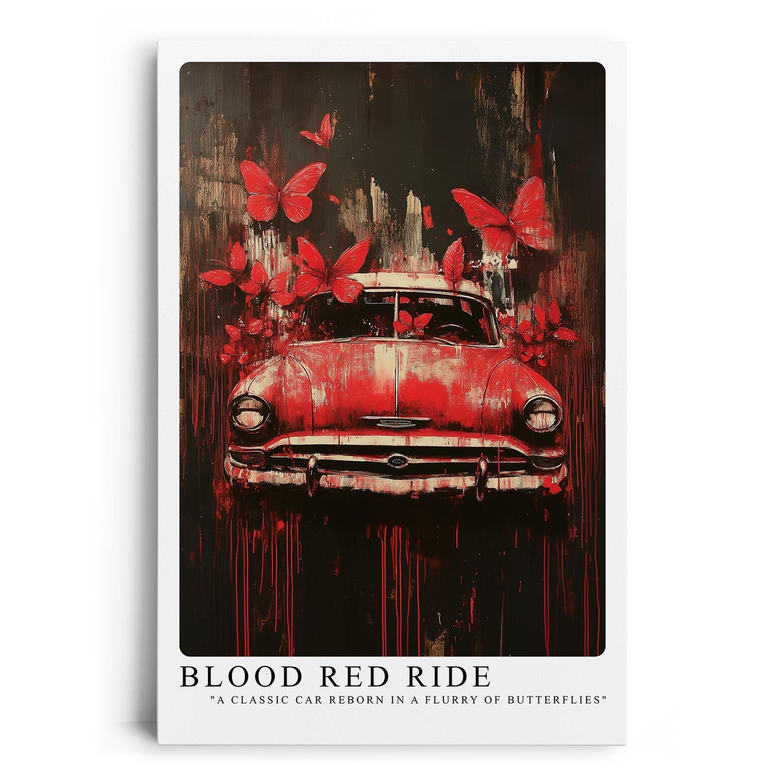 Paul Sinus Leinwandbild 40x60cm Blood Red Ride – Ausdrucksstarke Komposition aus klassischem Auto, roten Schmetterlingen und dynamischer Farbexplosion