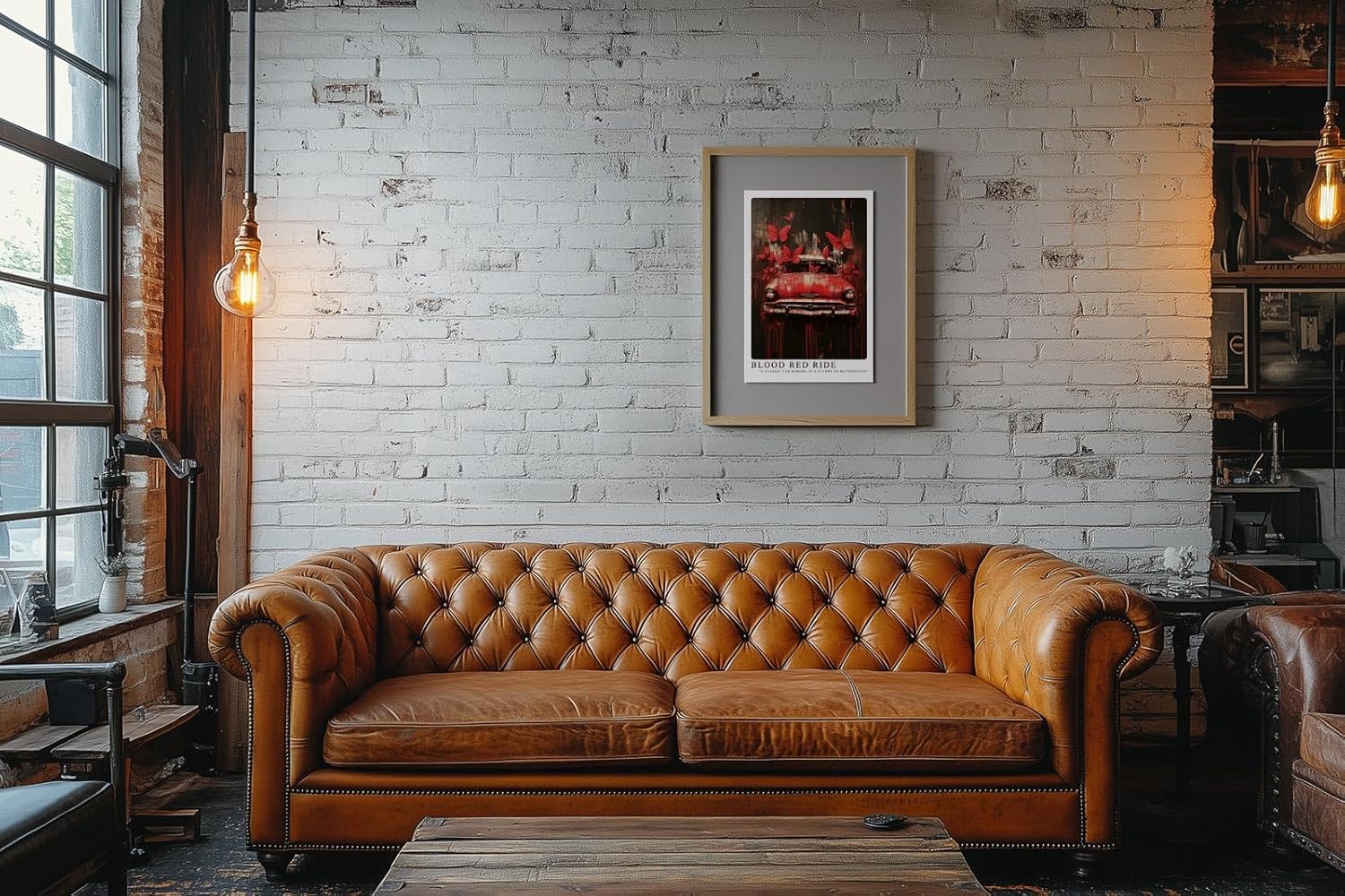 Paul Sinus Leinwandbild 40x60cm Blood Red Ride – Ausdrucksstarke Komposition aus klassischem Auto, roten Schmetterlingen und dynamischer Farbexplosion