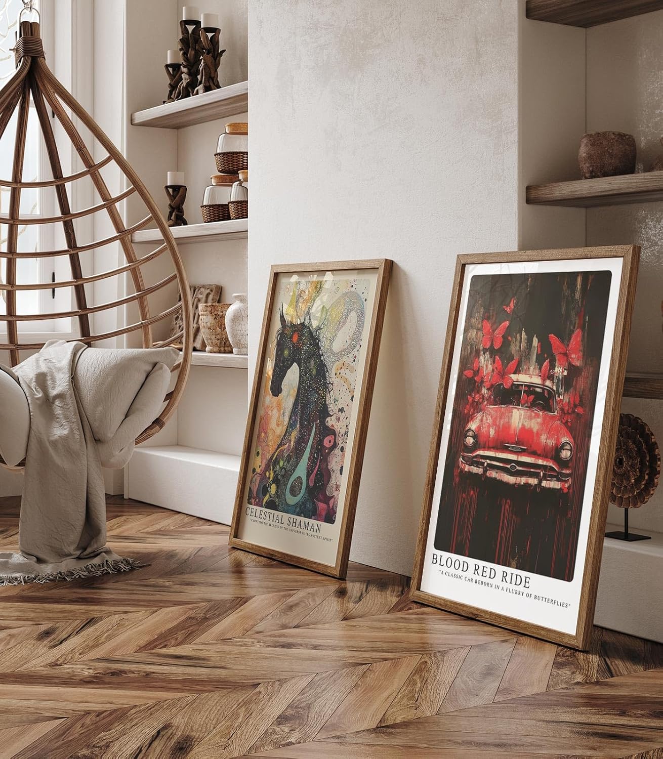 Paul Sinus Leinwandbild 40x60cm Blood Red Ride – Ausdrucksstarke Komposition aus klassischem Auto, roten Schmetterlingen und dynamischer Farbexplosion