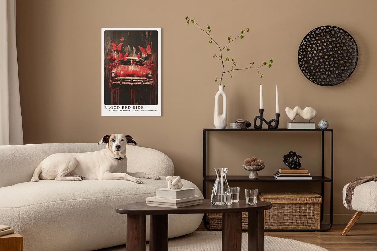 Paul Sinus Leinwandbild 40x60cm Blood Red Ride – Ausdrucksstarke Komposition aus klassischem Auto, roten Schmetterlingen und dynamischer Farbexplosion