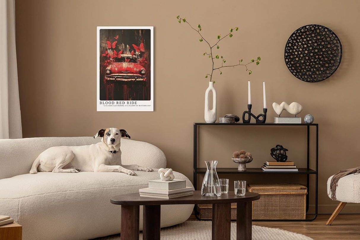 Paul Sinus Leinwandbild 40x60cm Blood Red Ride – Ausdrucksstarke Komposition aus klassischem Auto, roten Schmetterlingen und dynamischer Farbexplosion