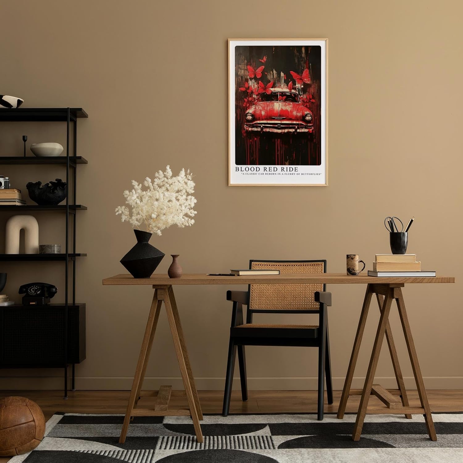 Paul Sinus Leinwandbild 40x60cm Blood Red Ride – Ausdrucksstarke Komposition aus klassischem Auto, roten Schmetterlingen und dynamischer Farbexplosion