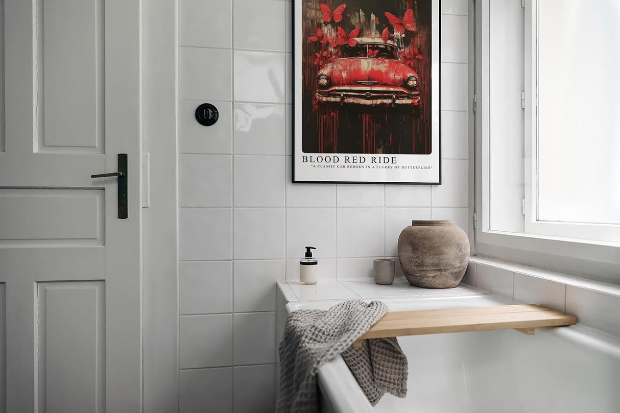 Paul Sinus Leinwandbild 40x60cm Blood Red Ride – Ausdrucksstarke Komposition aus klassischem Auto, roten Schmetterlingen und dynamischer Farbexplosion