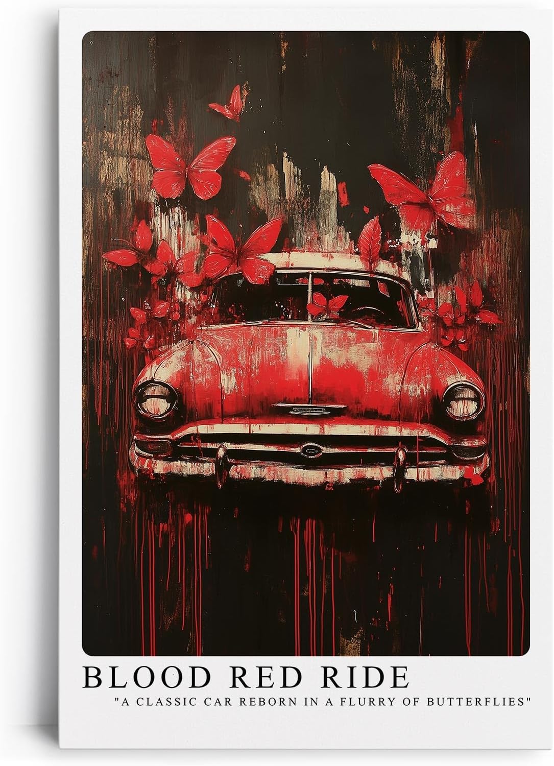 Paul Sinus Leinwandbild 40x60cm Blood Red Ride – Ausdrucksstarke Komposition aus klassischem Auto, roten Schmetterlingen und dynamischer Farbexplosion