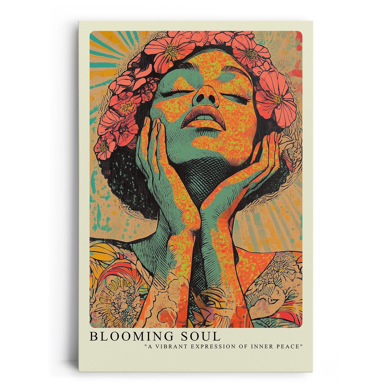 Paul Sinus Leinwandbild 80x120cm Blühende Seele – Ausdrucksstarke Porträtkunst in leuchtenden Farben und floralen Akzenten