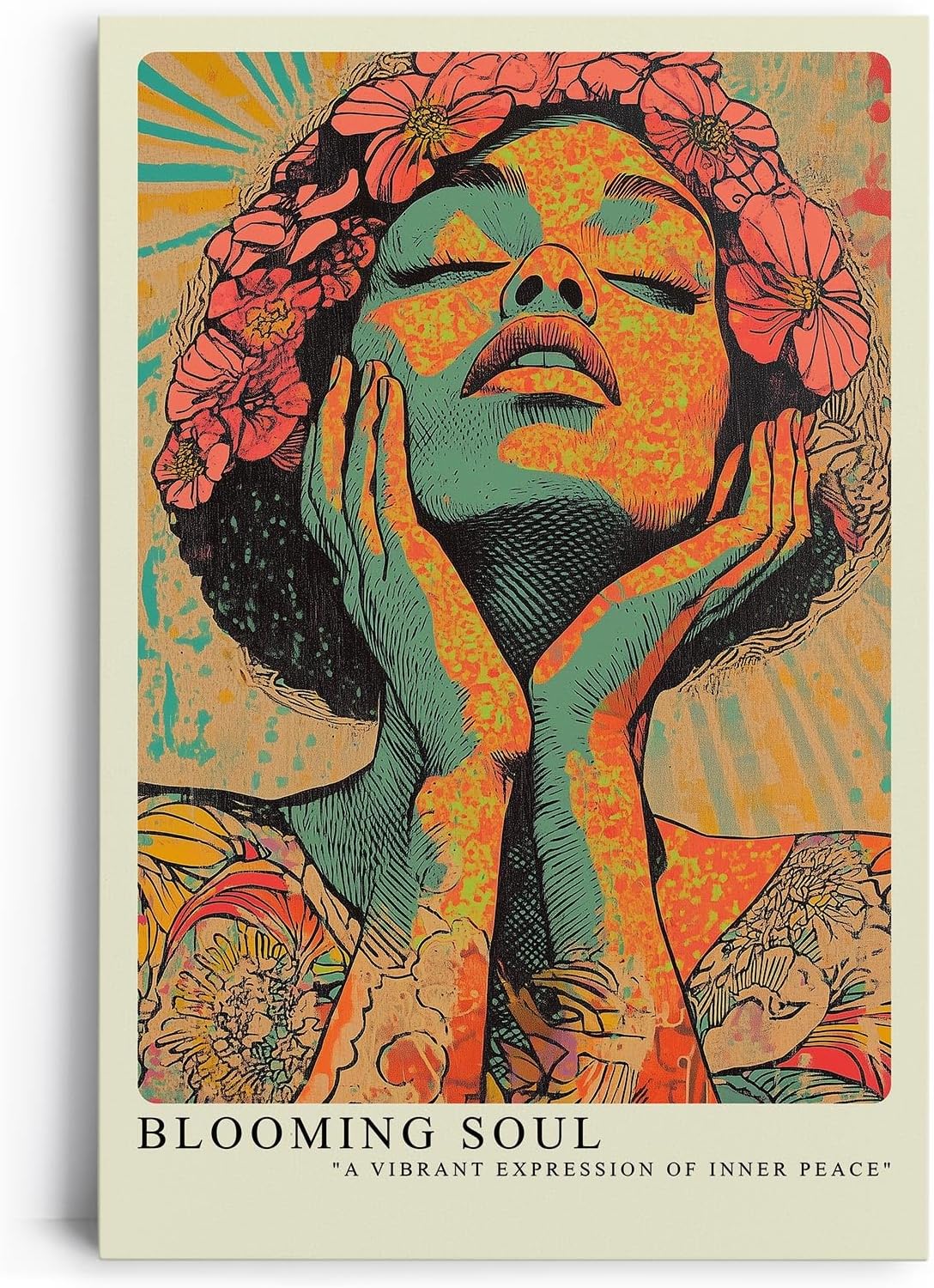 Paul Sinus Leinwandbild 80x120cm Blühende Seele – Ausdrucksstarke Porträtkunst in leuchtenden Farben und floralen Akzenten