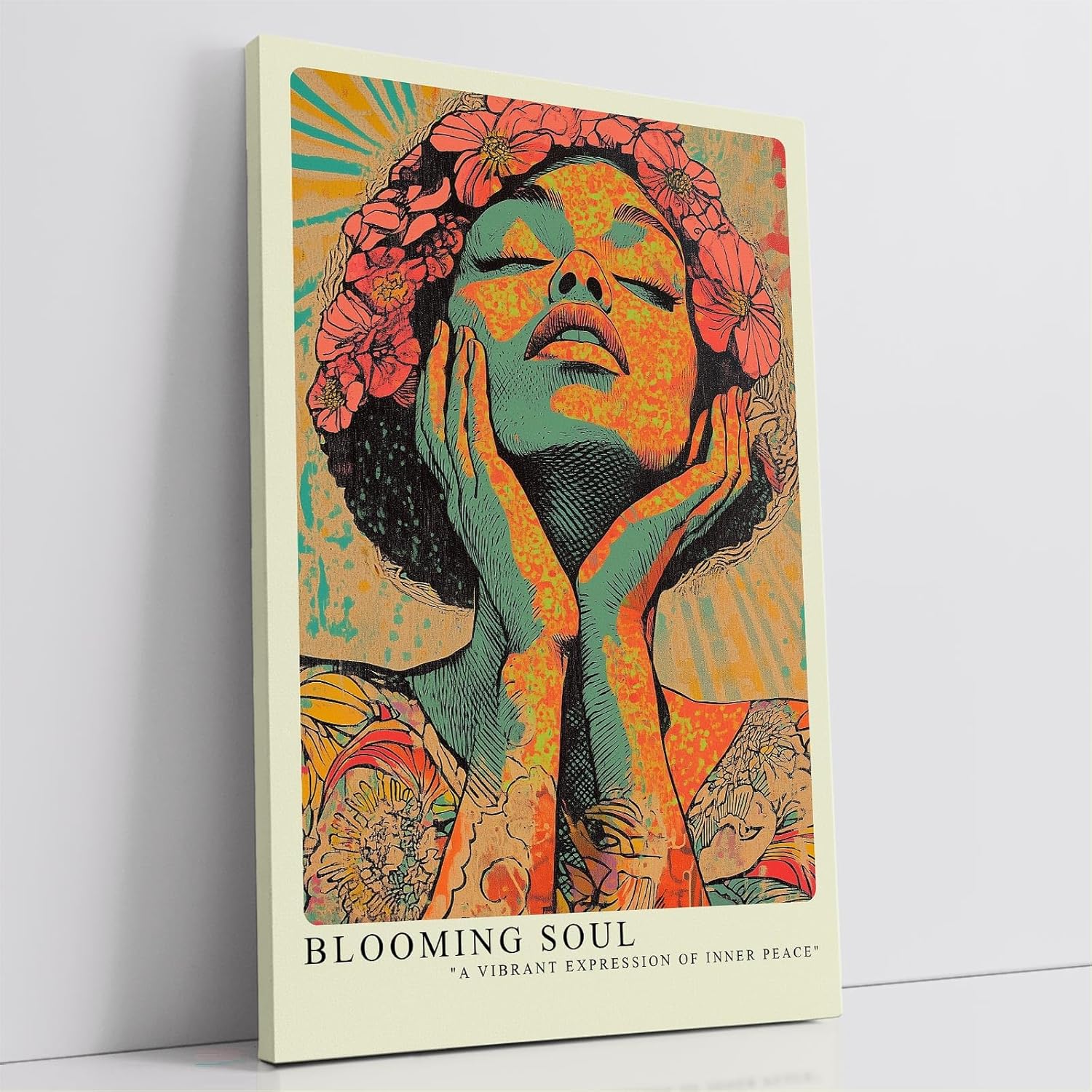 Paul Sinus Leinwandbild 80x120cm Blühende Seele – Ausdrucksstarke Porträtkunst in leuchtenden Farben und floralen Akzenten