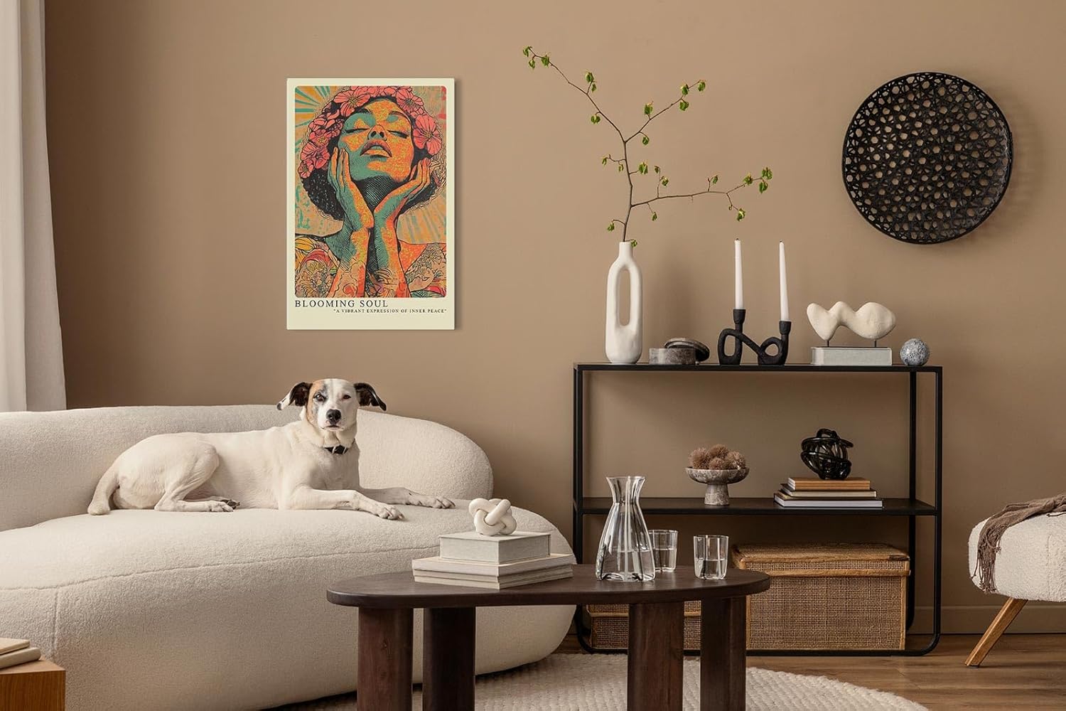 Paul Sinus Leinwandbild 80x120cm Blühende Seele – Ausdrucksstarke Porträtkunst in leuchtenden Farben und floralen Akzenten