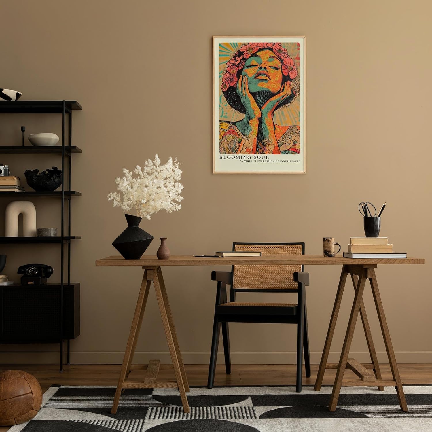 Paul Sinus Leinwandbild 80x120cm Blühende Seele – Ausdrucksstarke Porträtkunst in leuchtenden Farben und floralen Akzenten