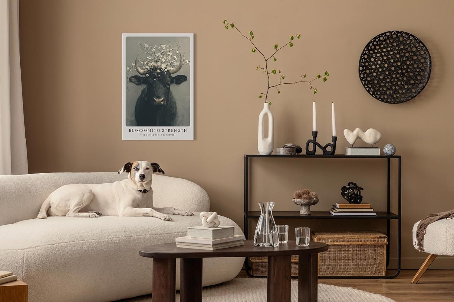 Paul Sinus Leinwandbild 80x120cm Blühender Stier kraftvoll mystisch elegant Naturverbundenheit surreal kunstvolle Wandkunst harmonisch faszinierend