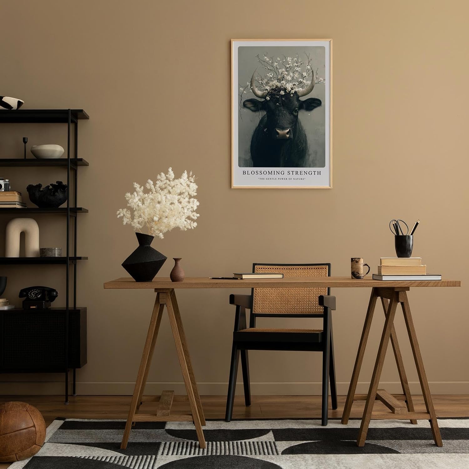 Paul Sinus Leinwandbild 80x120cm Blühender Stier kraftvoll mystisch elegant Naturverbundenheit surreal kunstvolle Wandkunst harmonisch faszinierend