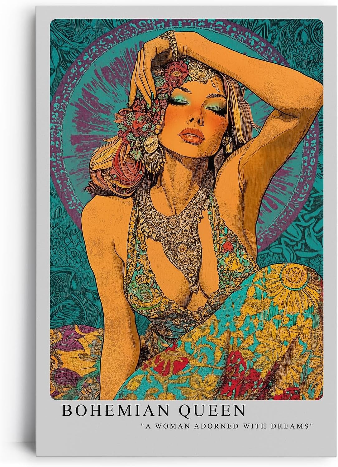 Paul Sinus Leinwandbild 40x60cm Bohemian Queen in farbenprächtigem Ethno-Stil mit kunstvollen Ornamenten – ausdrucksstarkes Leinwandbild