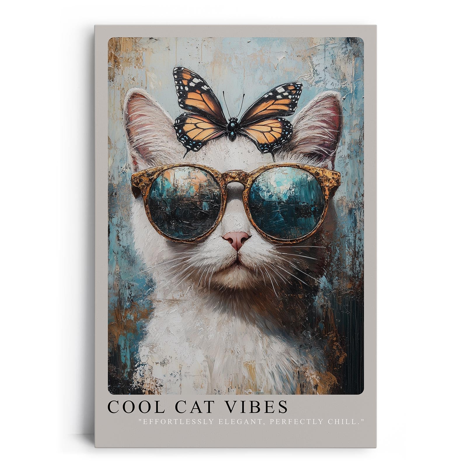 Paul Sinus Leinwandbild 40x60cm Cool Cat Vibes Leinwandbild stilvolle Katze mit Sonnenbrille und Schmetterling humorvolles modernes Kunstwerk