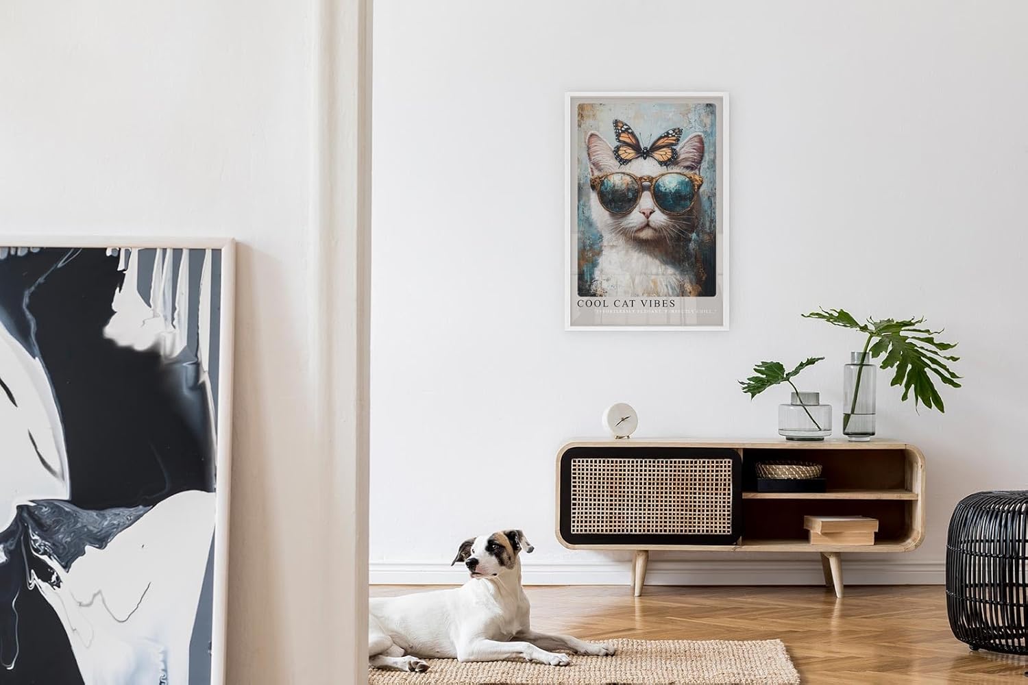 Paul Sinus Leinwandbild 40x60cm Cool Cat Vibes Leinwandbild stilvolle Katze mit Sonnenbrille und Schmetterling humorvolles modernes Kunstwerk