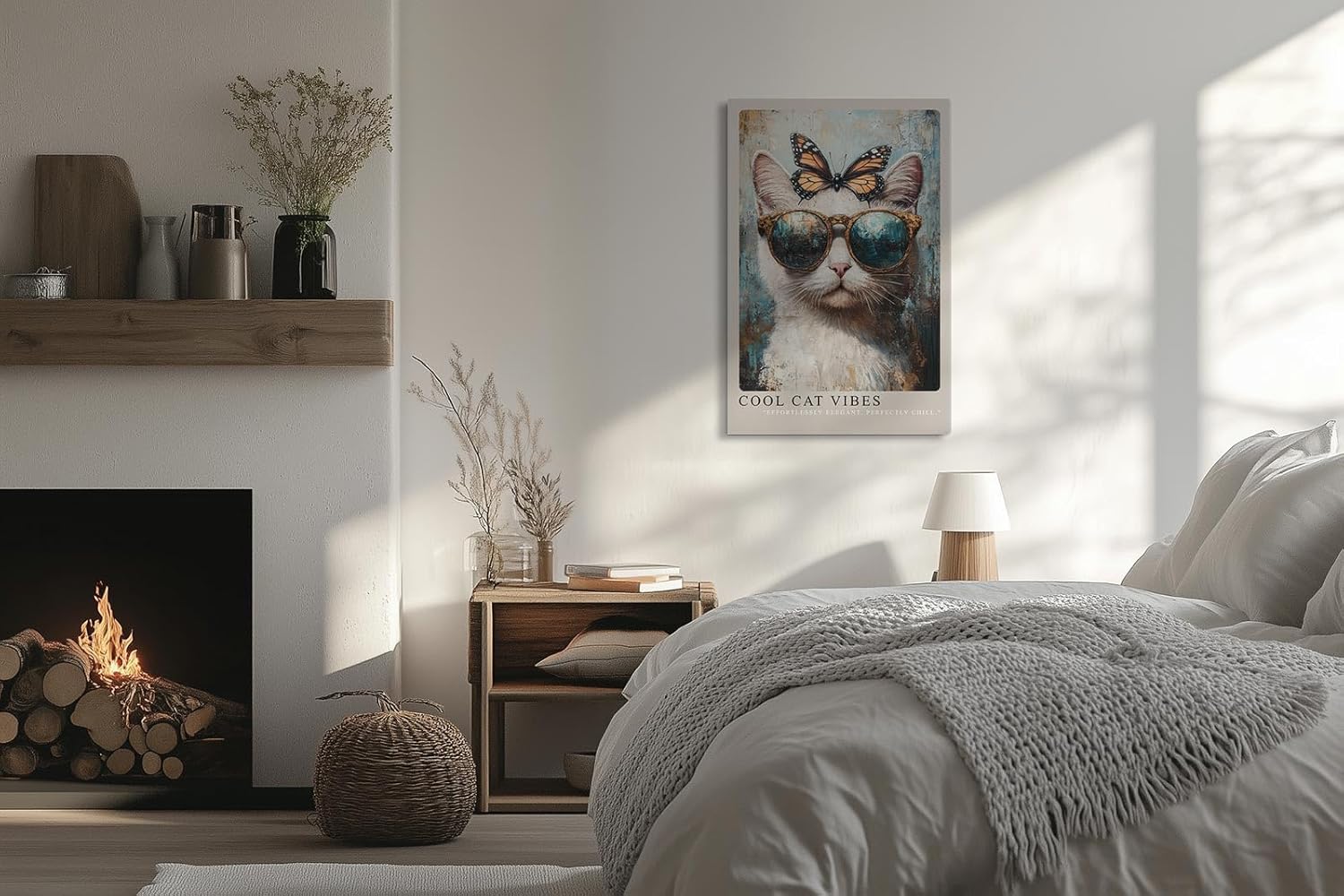 Paul Sinus Leinwandbild 40x60cm Cool Cat Vibes Leinwandbild stilvolle Katze mit Sonnenbrille und Schmetterling humorvolles modernes Kunstwerk