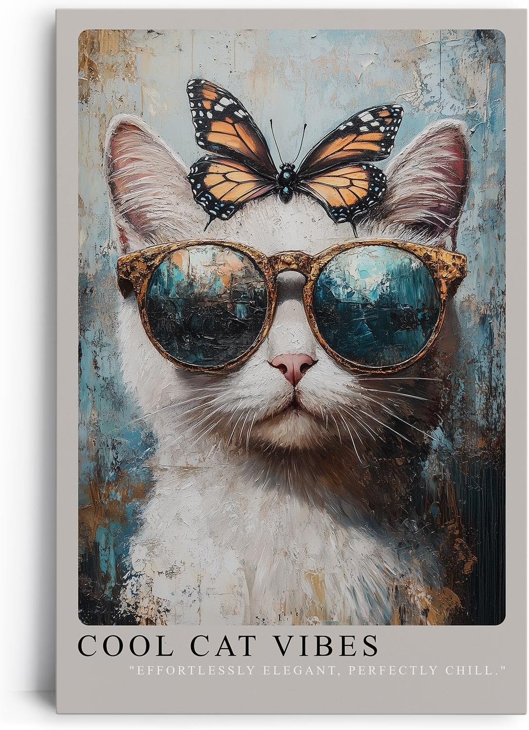 Paul Sinus Leinwandbild 40x60cm Cool Cat Vibes Leinwandbild stilvolle Katze mit Sonnenbrille und Schmetterling humorvolles modernes Kunstwerk