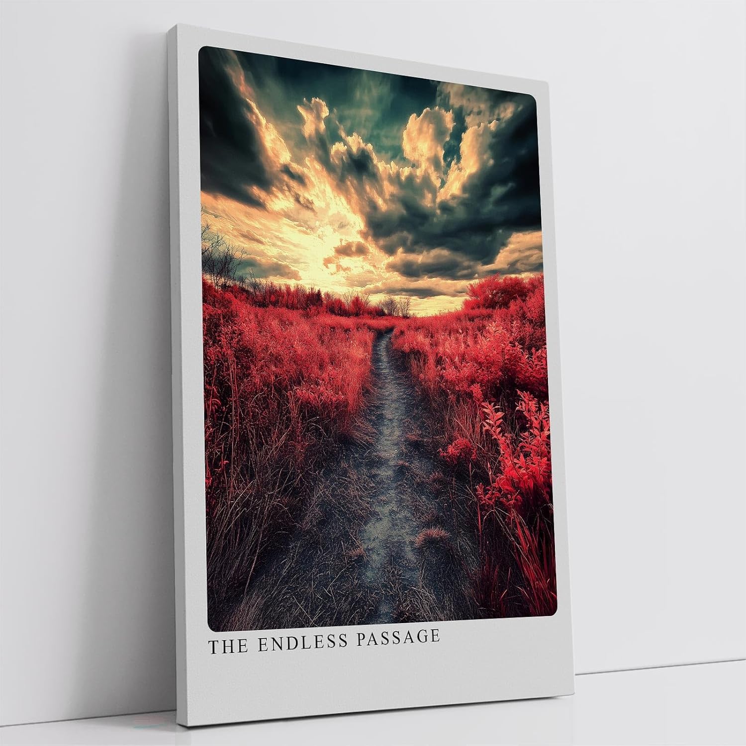 Paul Sinus Leinwandbild 40x60cm Der endlose Pfad – Dramatische Landschaft mit leuchtend roter Natur, bedrohlichem Himmel und mystischer Atmosphäre