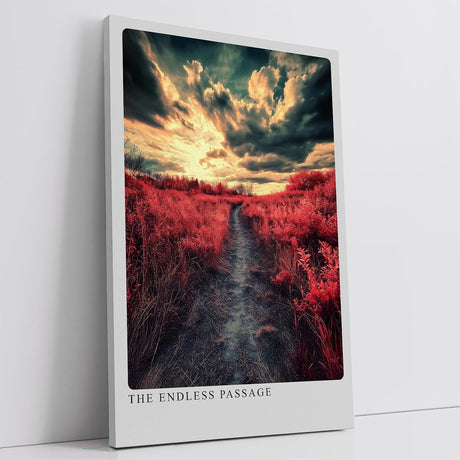Paul Sinus Leinwandbild 40x60cm Der endlose Pfad – Dramatische Landschaft mit leuchtend roter Natur, bedrohlichem Himmel und mystischer Atmosphäre