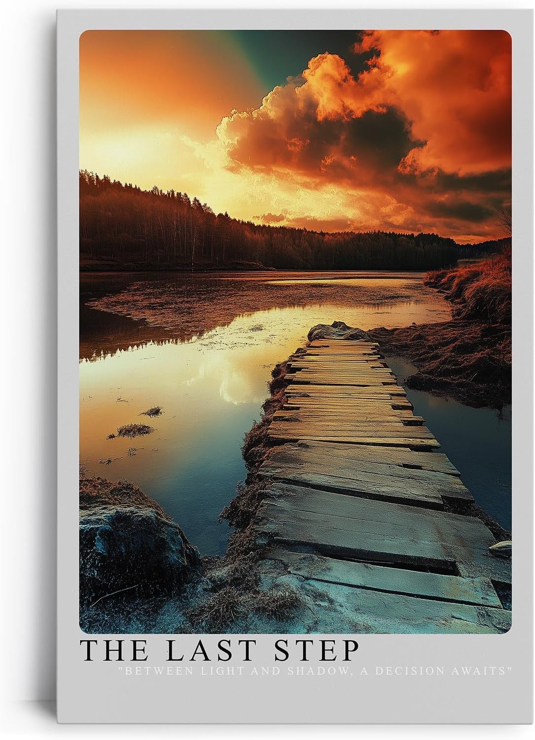 Paul Sinus Leinwandbild 40x60cm Der letzte Schritt – Dramatische Landschaft mit Holzsteg, spiegelndem Wasser und leuchtendem Himmel