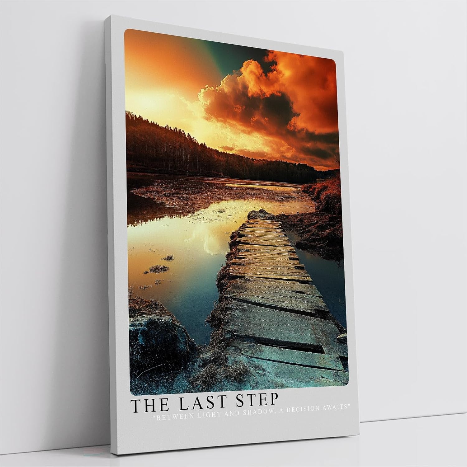 Paul Sinus Leinwandbild 40x60cm Der letzte Schritt – Dramatische Landschaft mit Holzsteg, spiegelndem Wasser und leuchtendem Himmel