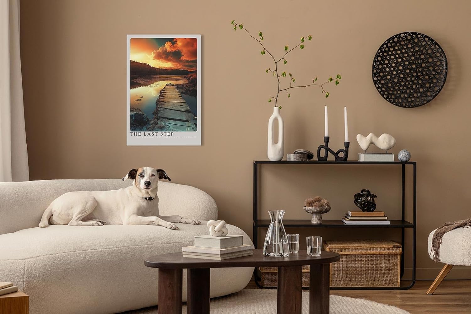 Paul Sinus Leinwandbild 40x60cm Der letzte Schritt – Dramatische Landschaft mit Holzsteg, spiegelndem Wasser und leuchtendem Himmel