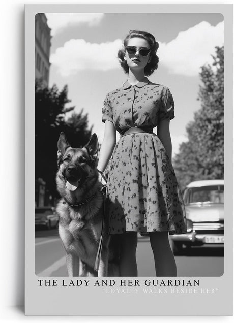 Paul Sinus Leinwandbild 60x90cm Die Dame und ihr Wächter – Stilvolles Schwarz-Weiß-Porträt einer eleganten Frau mit treuem Schäferhund