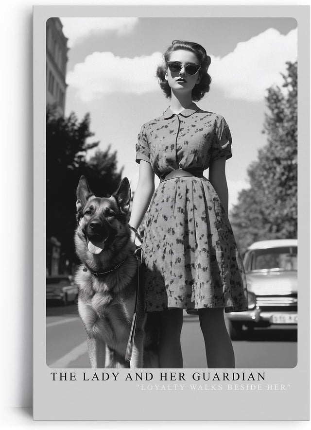 Paul Sinus Leinwandbild 60x90cm Die Dame und ihr Wächter – Stilvolles Schwarz-Weiß-Porträt einer eleganten Frau mit treuem Schäferhund