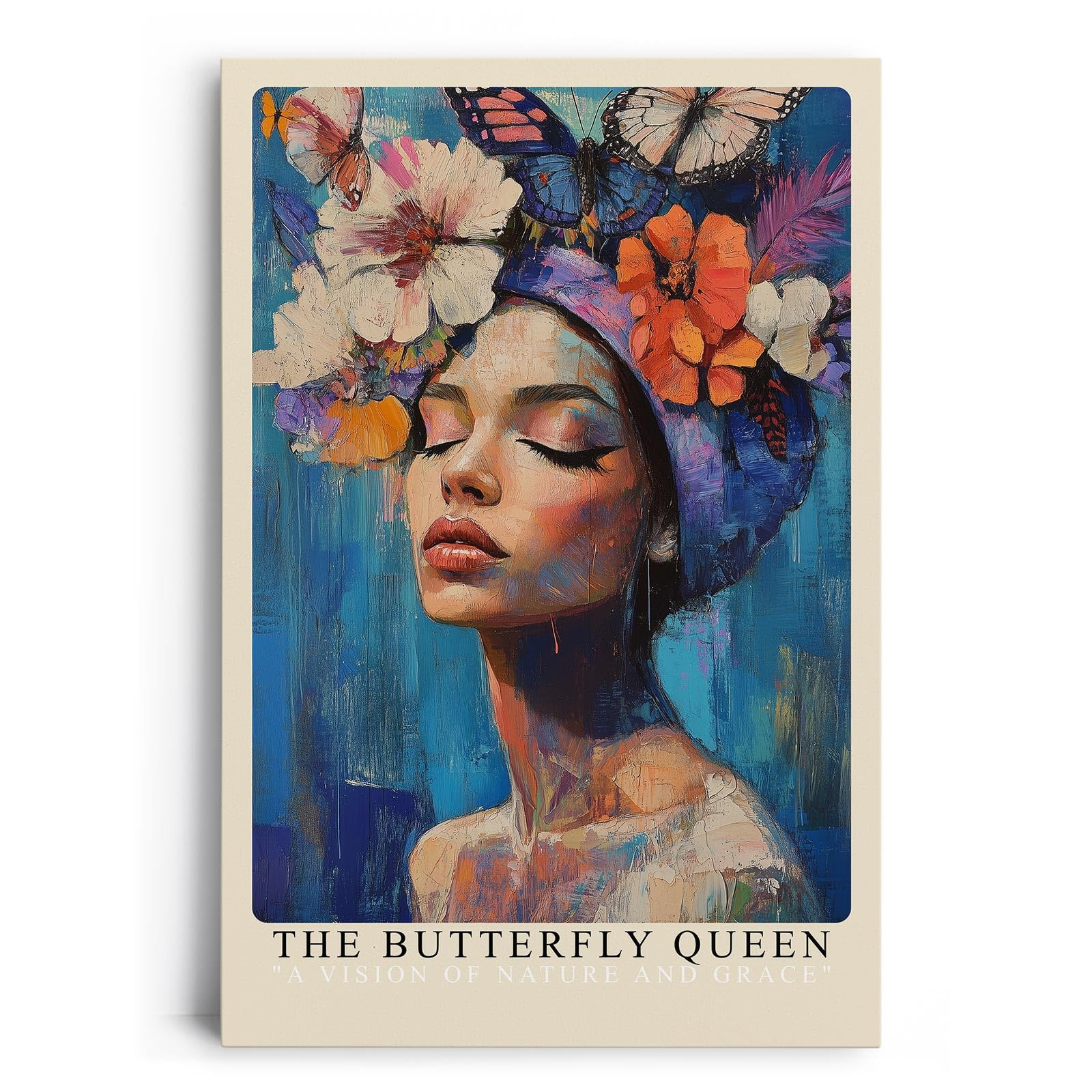 Paul Sinus Leinwandbild 80x120cm Die Schmetterlingskönigin – Ausdrucksstarkes Porträt mit Blumen, Schmetterlingen und leuchtenden Farben