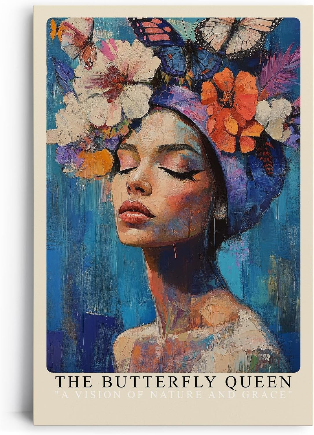 Paul Sinus Leinwandbild 80x120cm Die Schmetterlingskönigin – Ausdrucksstarkes Porträt mit Blumen, Schmetterlingen und leuchtenden Farben